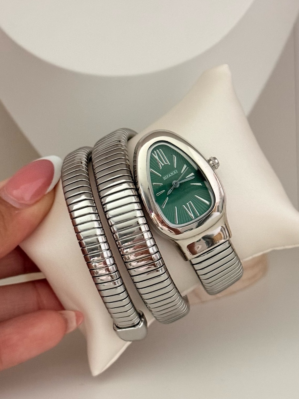 Green Dial Silver Coil Bracelet Watch - Women